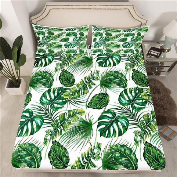 Palm Leaves Bed Sheets Hawaiian Sheet Set Monstera Banana Leaves Bedding Set - Picture 5 of 8